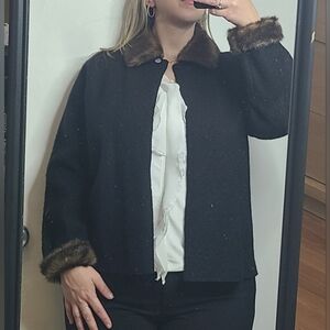 Alexandra Bartlett Black Cardigan with Brown Faux Fur Trim